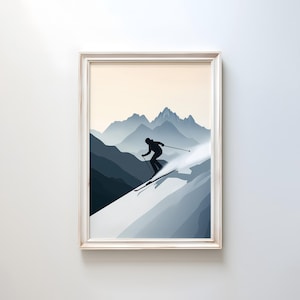 Skier Silhouette Minimalist Print | Modern Mountain Ski Art | Winter Sports Wall Decor | Alpine Landscape Poster | Ski Lodge Aesthetic