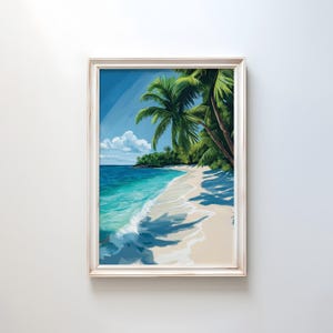 Stampa murale sulla spiaggia tropicale / Stampa sull'oceano turchese / Poster costiero con sabbia bianca / Decorazione da spiaggia con palme / Vibrazioni di vacanza serena / Arte per la casa sulla spiaggia
