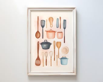 Watercolor Kitchen Utensil Art Print: Pastel Cooking Poster