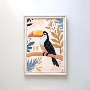 Impresión colorida de tucán de dibujos animados / Arte de aves tropicales divertidas / Decoración de jungla caprichosa / Ilustración de animales exóticos brillantes / Póster de pared divertido