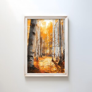 Herbst Birkenwald Wand Kunst | Goldener Herbst Landschaft Poster | Crisp Nature Scene Poster | Serene Saisonales Dekor | Wald Baum Malerei