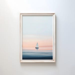 Ocean Segelboot Minimalistische Wandkunst | Stiller Horizont Poster | Poster Seelandschaft | Serene Dekor | Moderne Küsten Kunstwerk | Zen Ozean