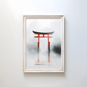 Torii Tor Minimalistischer Druck | Japanische Zen-Wandkunst | Poster Neblig Schrein | Serene nebelige Landschaft | Modernes asiatisches Dekor | Ruhige Japan-Kunst