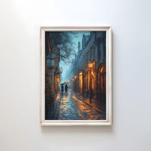 Victorian Rainy Alleyway Print | Moody Historic Street Art | Gaslamp Era Wall Decor | Rainy Night Cityscape | Cinematic Vintage Architecture
