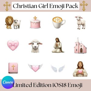 Può includere: Una collezione di emoji a tema cristiano, tra cui un leone, un agnello, una torta, caffè, un cuore, un agnello, Gesù, una chiesa, un libro, un cuore alato, ali e Gesù che tiene un cuore. Il testo recita "Christian Girl Emoji Pack" e "Limited Edition iOS18 Emoji."