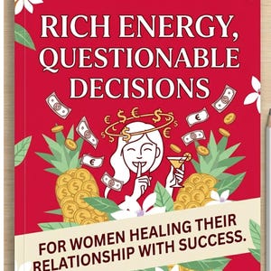 Op de afbeelding: Een rode boekomslag met de witte titel "RICH ENERGY, QUESTIONABLE DECISIONS". De omslag bevat illustraties van geld, ananassen en een vrouw met een cocktail. De tekst "FOR WOMEN HEALING THEIR RELATIONSHIP WITH SUCCESS" is ook aanwezig.