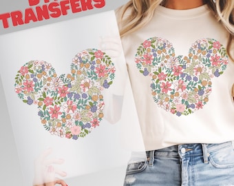 Transferencia DTF de la cabeza de Mickey con motivos florales de Disney, lista para prensar, ideal para festivales florales y de jardinería. Lista para aplicar con prensa térmica. Impresiones DTF de Disney.