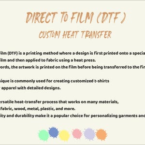 May include: A cream-colored graphic with the text "DIRECT TO FILM (DTF) CUSTOM HEAT TRANSFER." The text explains the DTF printing method, used for custom apparel with detailed designs, and its versatility across various materials.