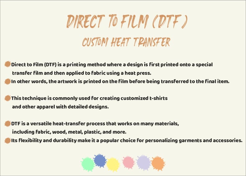 May include: A cream-colored graphic with the text "DIRECT TO FILM (DTF) CUSTOM HEAT TRANSFER." The text explains the DTF printing method, used for custom apparel with detailed designs, and its versatility across various materials.