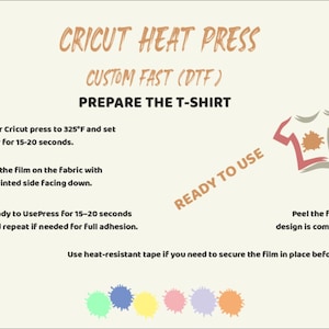 May include: Instructional graphic for Cricut heat press DTF (Direct to Film) t-shirt preparation. Includes steps: heat press to 325&deg;F, place film, press for 15-20 seconds, and peel when cool. Features a t-shirt graphic and color swatches.