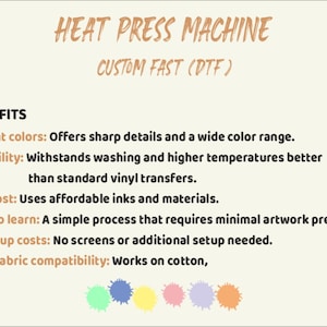 May include: A beige graphic with the text "HEAT PRESS MACHINE CUSTOM FAST (DTF)" and a list of benefits: vibrant colors, durability, low cost, easy to learn, no setup costs, and wide fabric compatibility.