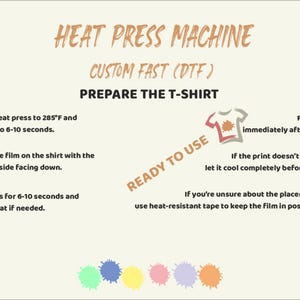 May include: Instructional graphic for using a heat press machine to prepare a t-shirt. The text includes steps for setting the heat press to 285&deg;F and pressing for 6-10 seconds. It also advises on peeling the film and using tape.