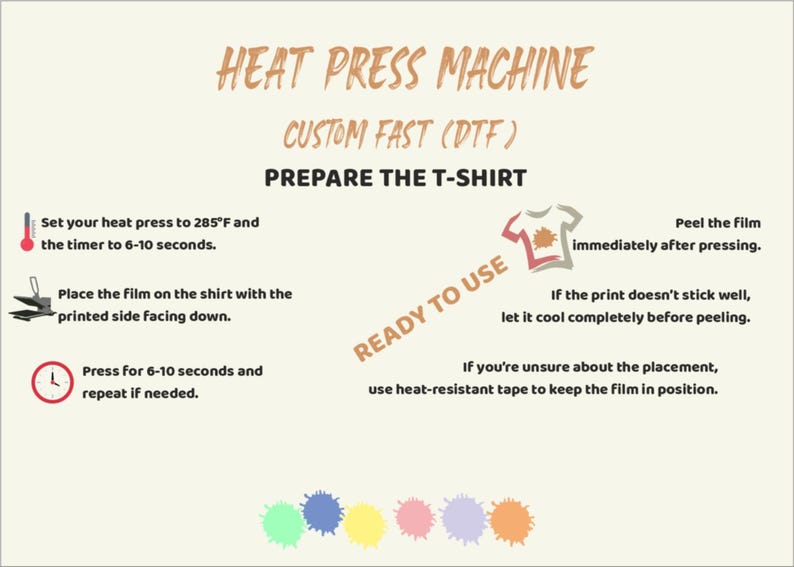 May include: Instructional graphic for using a heat press machine to prepare a t-shirt. The text includes steps for setting the heat press to 285&deg;F and pressing for 6-10 seconds. It also advises on peeling the film and using tape.