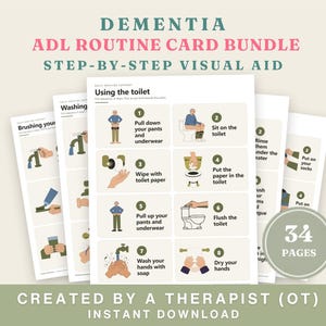 Puede incluir: Un paquete de 34 páginas de tarjetas de rutina ADL para demencia con ayudas visuales paso a paso. Cada tarjeta muestra instrucciones numeradas con ilustraciones para tareas diarias, con el texto escrito en inglés.