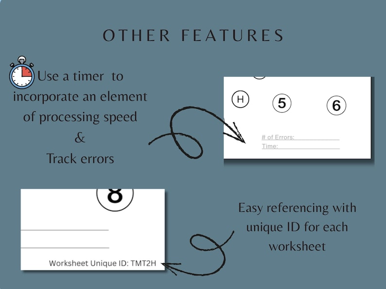 Trail Making Task worksheet features graphic showing optional timer use for processing speed, error tracking, and a unique worksheet ID for easy reference.”