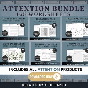 May include: A digital download bundle titled "ATTENTION BUNDLE" with 165 worksheets. The image displays six different types of worksheets, including Letter Cancellation, Comparison Task, and Trail Making Task. Each worksheet is labeled with the "ATTENTION SERIES" logo.