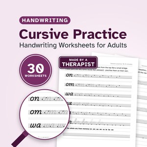 Práctica de escritura cursiva para adultos y adolescentes / 30 hojas de trabajo imprimibles / Letras, uniones y palabras / Apto para personas con disgrafía / PDF instantáneo