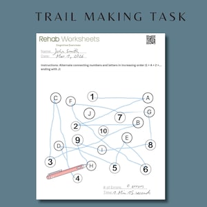 Completed Trail Making Task worksheet example with alternating numbers and letters connected in sequence for visual scanning and executive function practice.