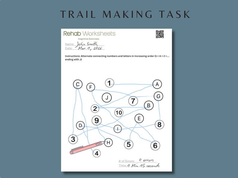 Completed Trail Making Task worksheet example with alternating numbers and letters connected in sequence for visual scanning and executive function practice.