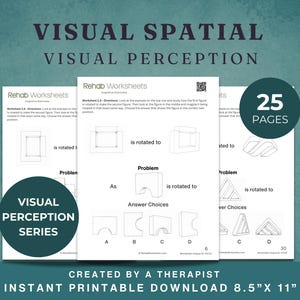 Puede incluir: Tres hojas de trabajo blancas con ejercicios de percepción visual. Las hojas de trabajo presentan formas geométricas y el texto "VISUAL SPATIAL VISUAL PERCEPTION" y "VISUAL PERCEPTION SERIES". La imagen también incluye el texto "25 PAGES" y "DESCARGA IMPRIMIBLE INSTANTÁNEA 21,6 cm x 27,9 cm".