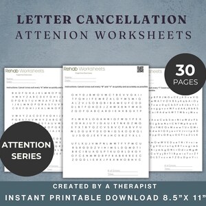 Könnte beinhalten: Drei weiße Rehab-Arbeitsblätter mit Buchstabenstreichungsübungen. Die Arbeitsblätter gehören zur Attention-Serie und umfassen 30 Seiten. Der Text lautet "Letter Cancellation Attention Worksheets" und "Instant Printable Download 8,5" x 11".