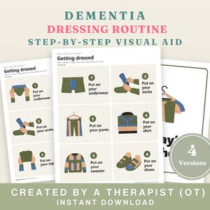 Puede incluir: Una ayuda visual paso a paso para la rutina de vestirse en casos de demencia, con seis ilustraciones numeradas de prendas como ropa interior, calcetines, pantalones, camisa, suéter y zapatos. Incluye el texto Getting dressed y 4 Versions.