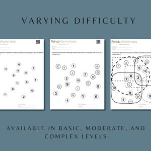 Varying difficulty overview showing basic, moderate, and complex Trail Making Task worksheets for graded attention and cognitive flexibility practice.