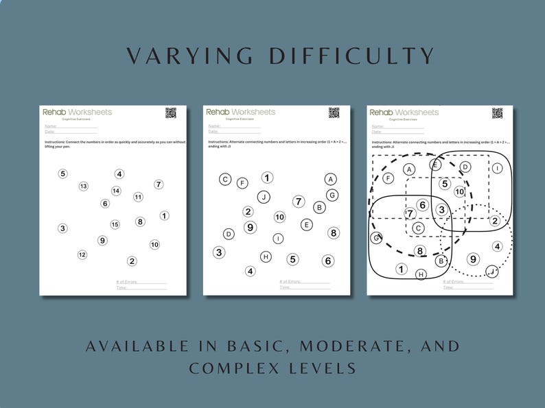 Varying difficulty overview showing basic, moderate, and complex Trail Making Task worksheets for graded attention and cognitive flexibility practice.