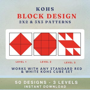May include: A digital graphic for Kohs Block Design featuring 2x2 and 3x3 patterns. It displays three square diagrams labeled Level 1, Level 2, and Level 3, showing red and white geometric shapes. Text includes 50 Designs, 3 Levels, and Instant Download.