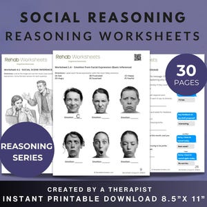以下が含まれることがあります： 印刷可能な社会的推論ワークシート。ワークシートには、社会的なシーンの推論と顔の表情の認識に関する演習が含まれています。この製品には30ページが含まれており、すぐにダウンロードできます。
