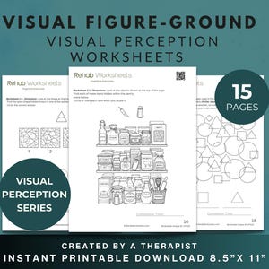 May include: A stack of three black and white printable worksheets with the text "VISUAL FIGURE-GROUND VISUAL PERCEPTION WORKSHEETS". The worksheets are part of the "VISUAL PERCEPTION SERIES" and are 8.5" x 11". The worksheets are designed by a therapist.