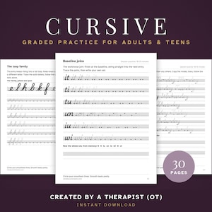 Cursive Handwriting Practice for Adults & Teens | 30 Printable Worksheets | Letters, Joins and Words | Dysgraphia Friendly | Instant PDF