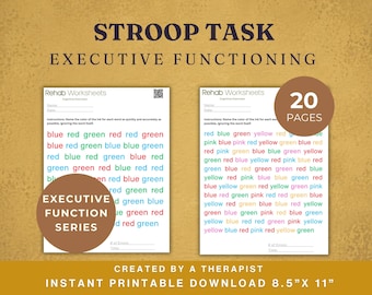 Pacchetto di esercizi cognitivi Stroop Task (20 fogli di lavoro) PDF di allenamento delle funzioni esecutive per ictus, trauma cranico, lesione cerebrale, foglio di lavoro PDF