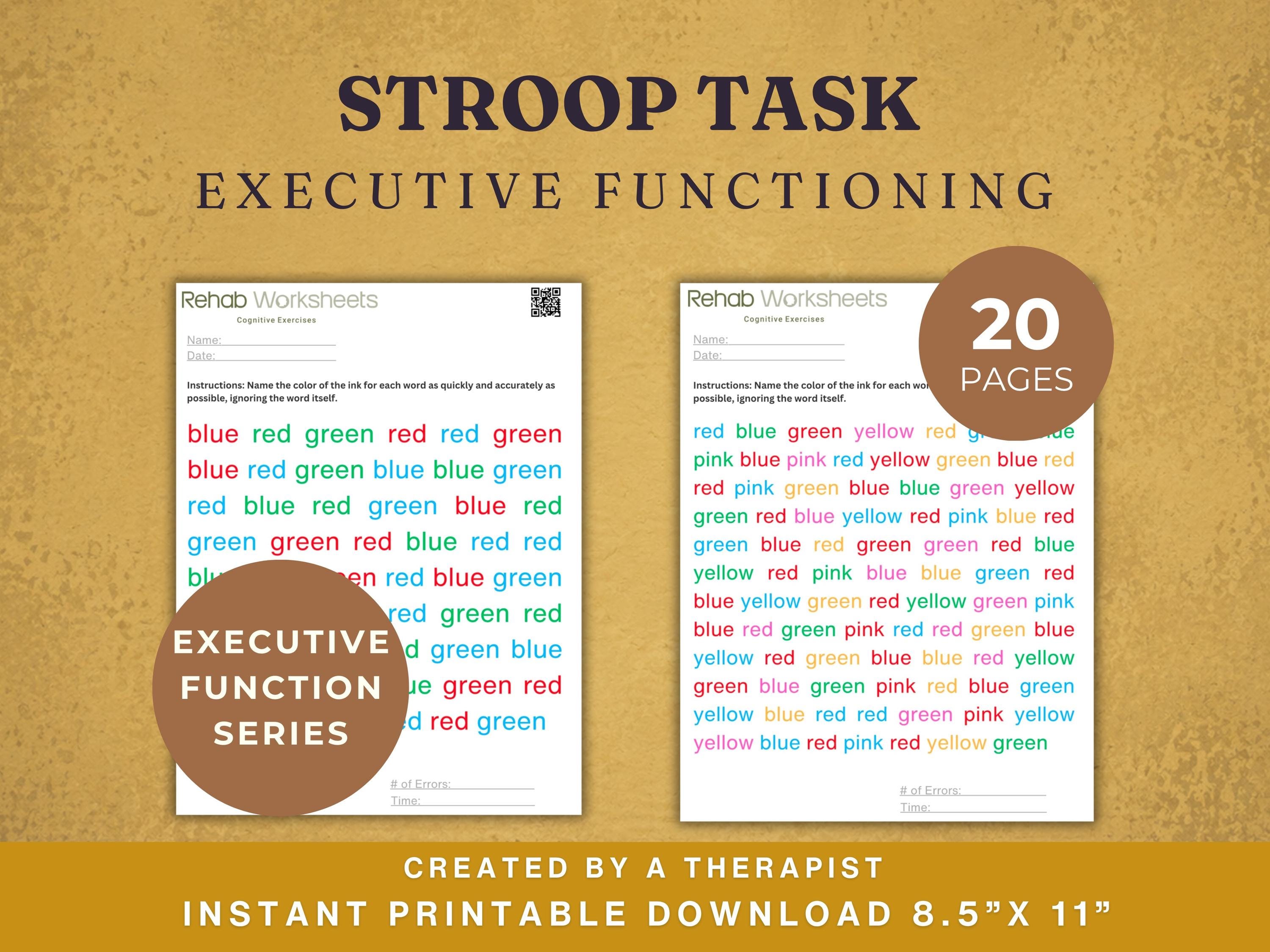 Stroop Task Cognitive Exercise Bundle (20 Worksheets) Executive ...