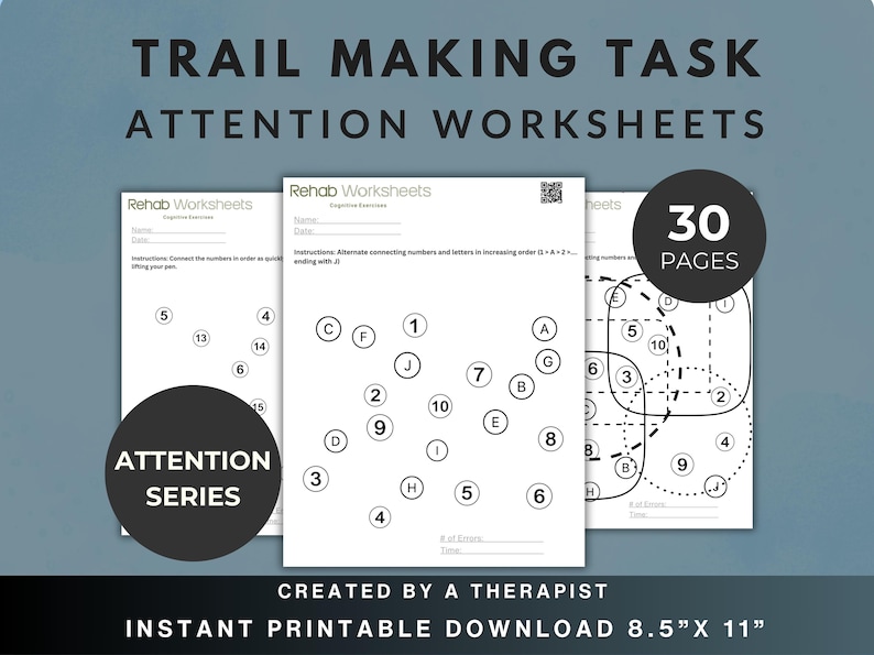 Trail Making Task worksheets cover image showing 30 printable attention worksheets for adults with basic, moderate, and complex trail making exercises.