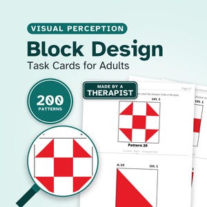 Block Design Task Cards, 200 Printable Graded Patterns, Adult Visual Spatial Activity for Cognitive Rehab