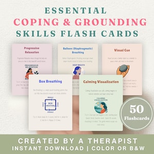 Coping Skills and Grounding Flash Cards Printable, calming strategies, breathing exercises, anxiety support, therapy, depression, PTSD,