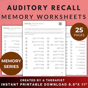 Auditory Memory Worksheets (25 worksheets) – Working memory recall for stroke, traumatic brain injury, speech therapy materials, OT and SLP