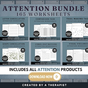 Attention Bundle | 165 Worksheets for Cognitive Rehabilitation, OT, Speech Therapy, Brain Injury, Stroke, Visual Scanning, Processing Speed