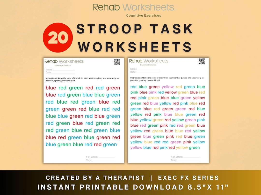 Stroop Task Cognitive Exercise Bundle 20 Worksheets Executive ...