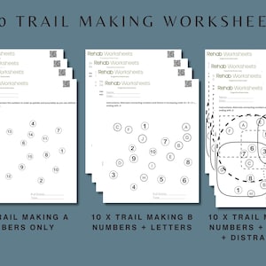 Bundle overview showing 30 trail making worksheets with 10 Trail Making A number-sequencing pages, 10 Trail Making B number-and-letter pages, and 10 complex pages with distractors.