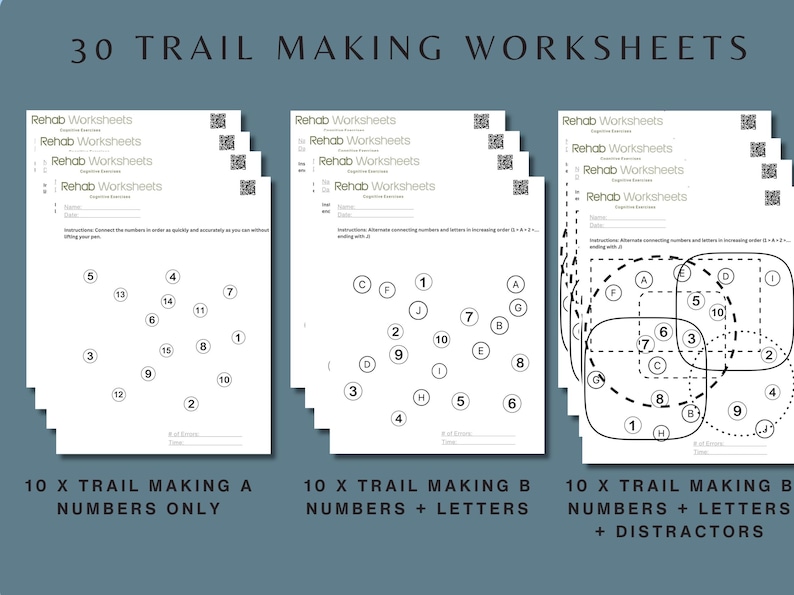 Bundle overview showing 30 trail making worksheets with 10 Trail Making A number-sequencing pages, 10 Trail Making B number-and-letter pages, and 10 complex pages with distractors.