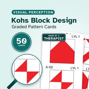 Patrones de diseño de bloques Kohs, 50 tarjetas imprimibles graduadas, diseños de cubos de 2x2 y 3x3, actividad visoespacial para adultos, estimulación cognitiva para terapia ocupacional.