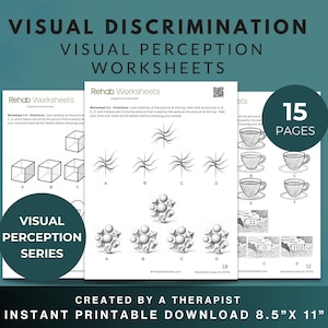 Può includere: Fogli di lavoro stampabili per esercizi di discriminazione e percezione visiva. I fogli di lavoro includono puzzle visivi, come l'abbinamento di forme e l'identificazione delle differenze. Il testo recita "Visual Perception Series" e "15 Pages". Formato: 21.6 cm x 27.9 cm.