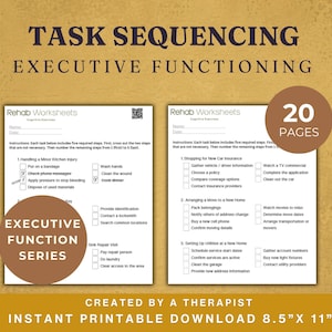 Op de afbeelding: Printbare werkbladen voor taaksequencing en executief functioneren. De werkbladen bevatten checklists voor verschillende taken, zoals het behandelen van een kleine keukenblessure en het afsluiten van een nieuwe autoverzekering. De tekst luidt "Executive Function Series" en "20 Pages".