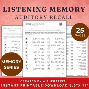Listening Memory Worksheets (25 worksheets) – Working memory recall for stroke, traumatic brain injury, speech therapy materials, OT and SLP