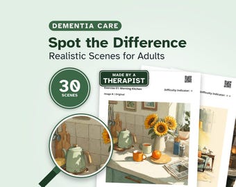 Hojas de trabajo para encontrar las diferencias en la demencia / 30 escenas realistas para adultos / Actividad cognitiva diseñada por terapeutas ocupacionales / Descarga en PDF imprimible