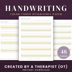 Schreibpapier für Legasthenie und Dysgraphie, farbcodiertes Schreibpapier in 4 Größen, abgestufte Unterstützungsstufen, ergotherapeutisch angepasstes Papier, PDF mit hervorgehobenen Linien
