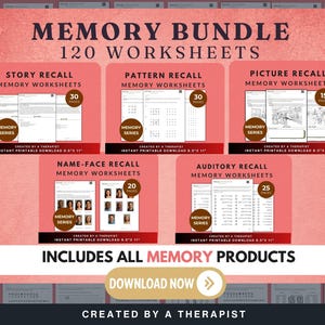 May include: A pink and white graphic with the text "MEMORY BUNDLE 120 WORKSHEETS." It includes sections for story, pattern, picture, name-face, and auditory recall worksheets. The bundle is an instant printable download.