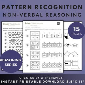 Könnte beinhalten: Ausdruckbare Arbeitsblätter für Mustererkennung und nonverbales Denken. Die Seiten zeigen geometrische Formen, Pfeile und andere visuelle Rätsel. Der Text lautet "Pattern Recognition" und "Reasoning Series".